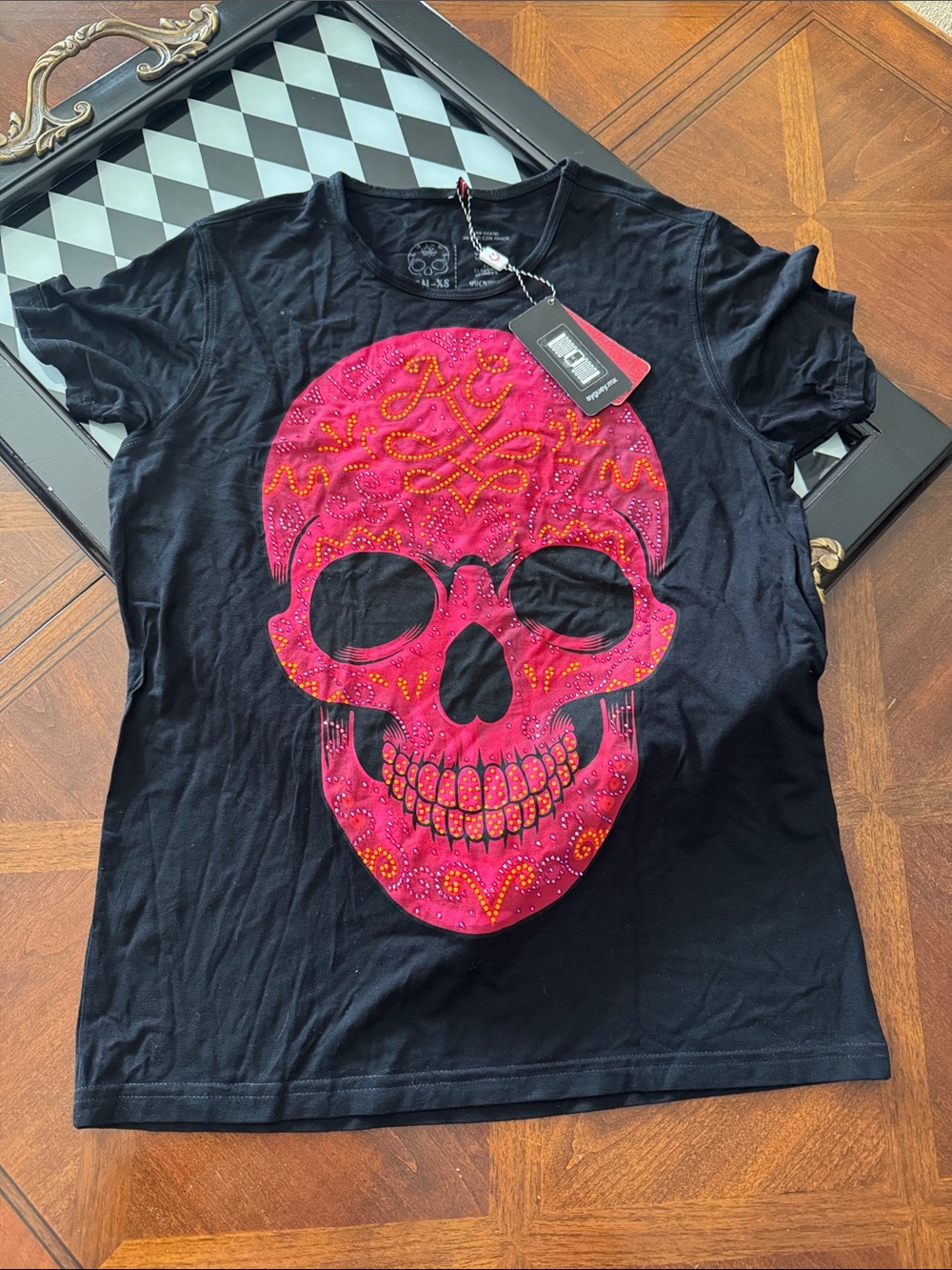 Black Women’s Tee with Pink Decorative Skull - Unbranded